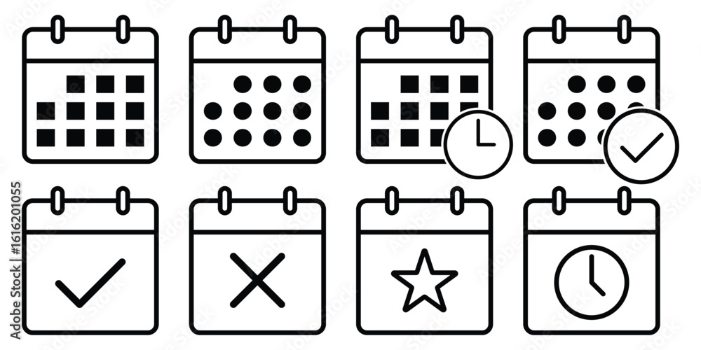 Poster calendar icon set. calendar vector icon. line and glyph calendar set. calendars vector icons. set of