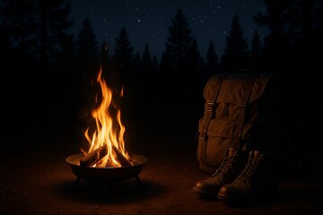 Backpack and hiking boots by a campfire under the stars in the wilderness