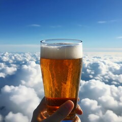 Frosted Beer Glass with Golden Hue and Cloudy Backdrop: Heavenly Indulgence Concept of Crisp Refreshment Bliss