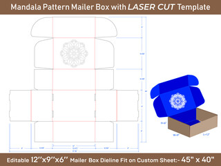 Mandala Pattern Mailer Box Template with Laser Cut Design for Customizable Packaging Solutions and Dimensions
