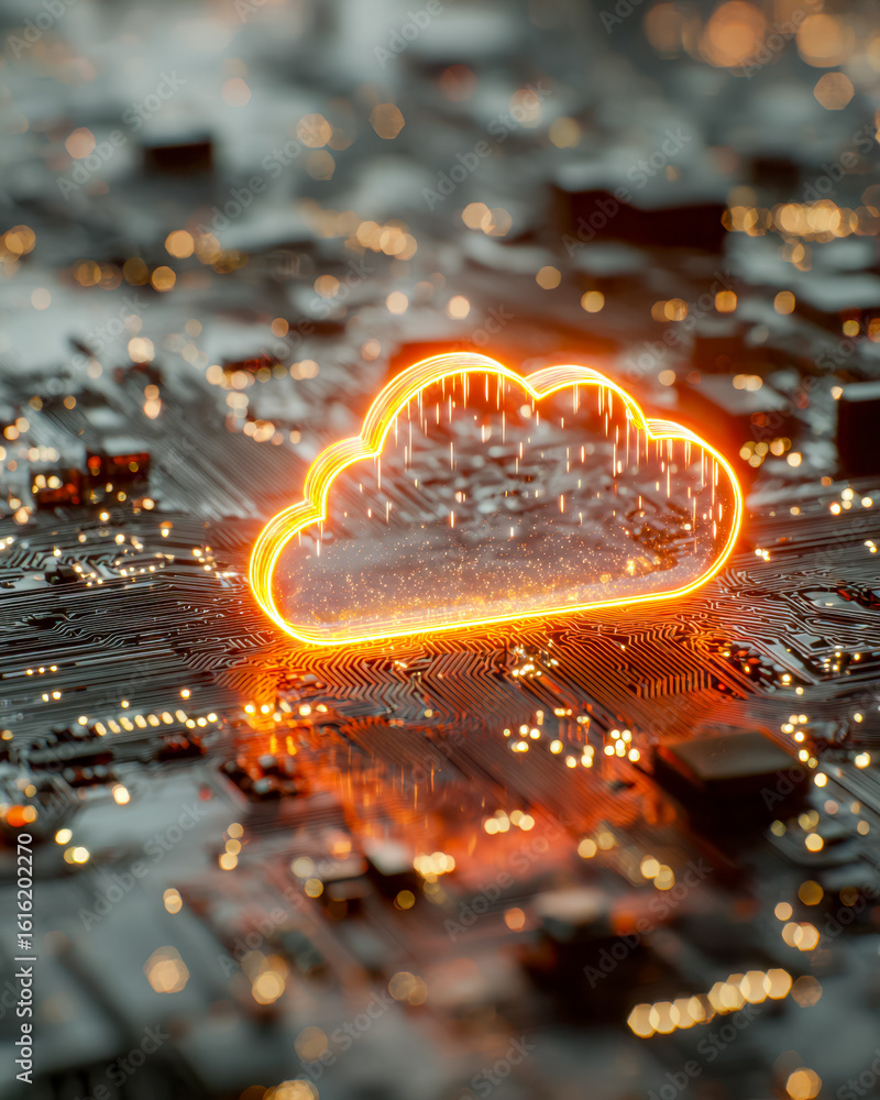 Poster digital cloud icon glowing over a circuit board representing cloud computing technology