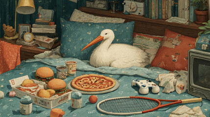 Cozy indoor scene featuring a bird relaxing on a bed with food and games set in a room filled with books and cushions