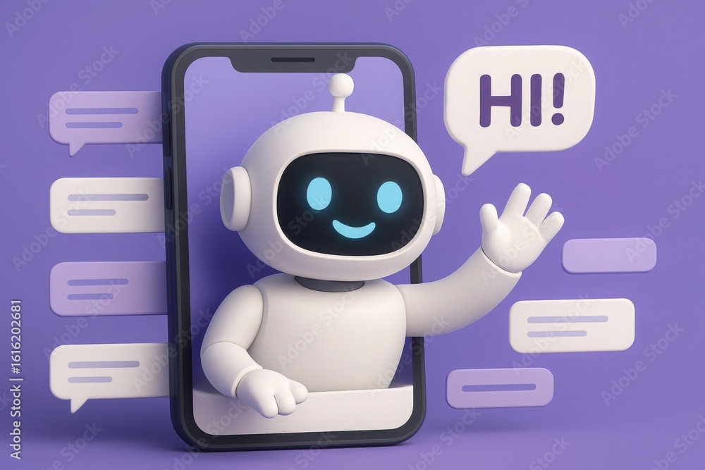 Poster 3d rendering friendly cartoon robot waving hello from a smartphone screen with chat bubbles on a pur