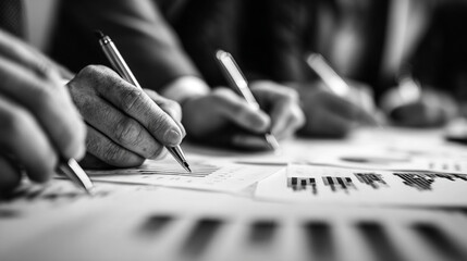 Meeting focused on financial analysis with multiple hands taking notes in a monochrome setting