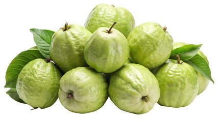 A fresh pile of vibrant green guavas with leaves showcasing their unique textured skin isolated on transparent background