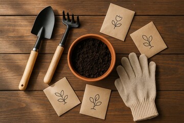 Gardening tools and flower seed packets arranged for a home planting project