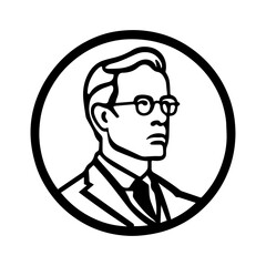 Stylish graphic featuring a distinguished man with glasses inside a bold circular frame, perfect for classic logos or designs.