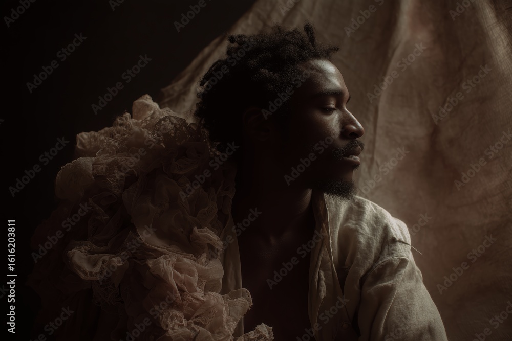Poster portrait of a man with textured fabric in dim lighting, showcasing deep expression and intricate det
