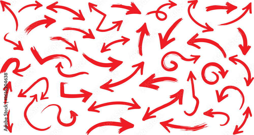Poster collection of hand drawn red arrows pointing in various directions isolated on transparent backgroun