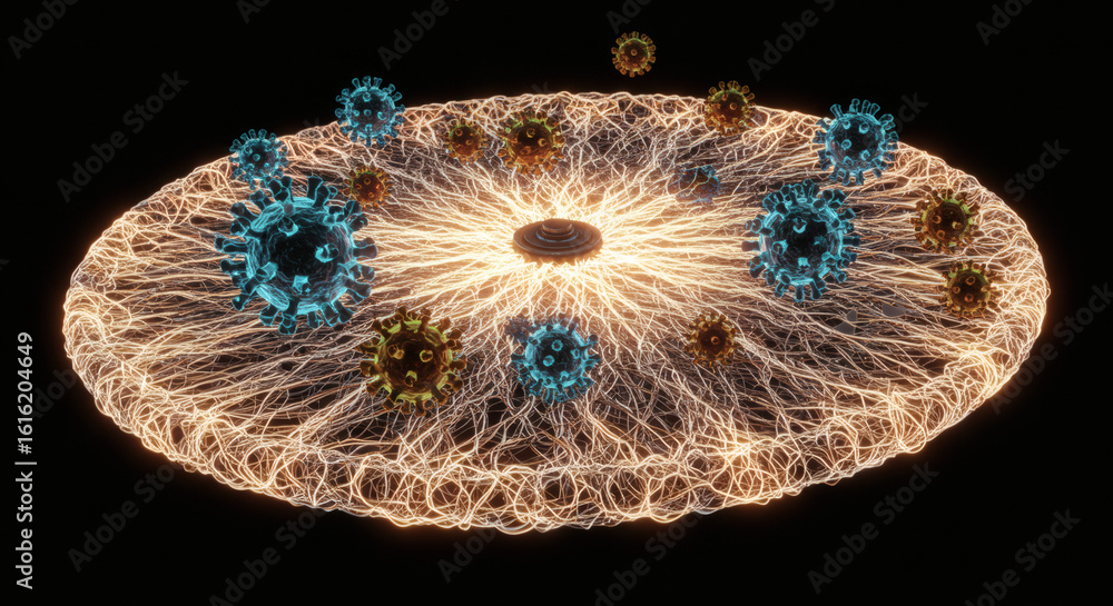 Poster conceptual illustration of a viral infection on a cellular network. microscopic pathogens and host i