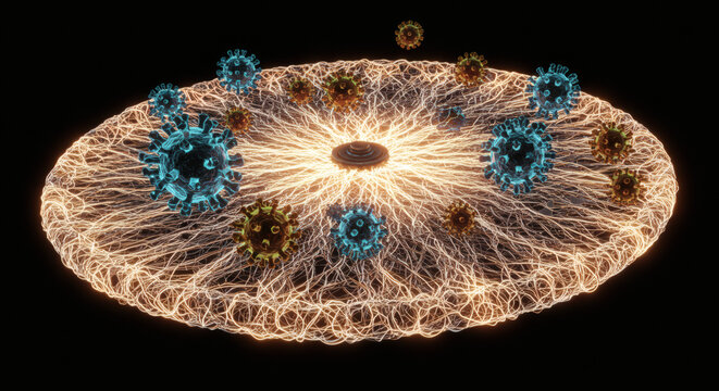 Conceptual illustration of a viral infection on a cellular network. Microscopic pathogens and host interaction