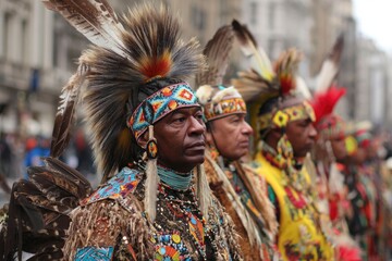 Fototapeta premium A line of Indigenous people adorned in traditional regalia featuring feathered headdresses and intricate beaded clothing stand in a city setting