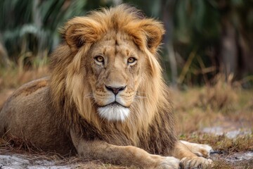 Obraz premium A lion with golden fur and eyes rests on a grassy ground its gaze fixed forward