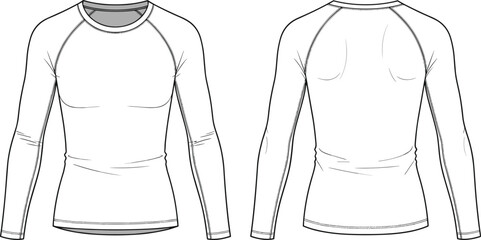 Men's long sleeve compression shirt flat sketch, front and back view, technical fashion drawing, fitted activewear top design, vector apparel CAD illustration