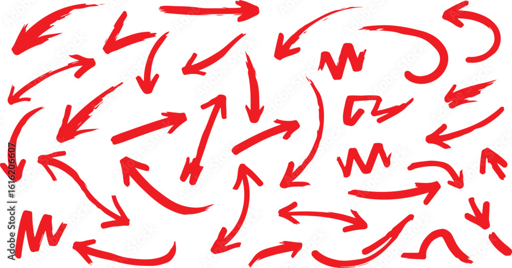Poster collection of hand drawn red arrows pointing in various directions isolated on transparent backgroun