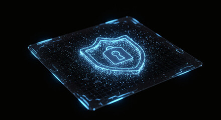 Futuristic cybersecurity concept with a glowing blue holographic shield icon representing data protection and digital security.
