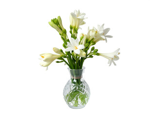 Elegant white tuberose flowers in a crystal vase, perfect for weddings, celebrations, and serene decor.