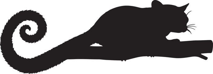 Silhouette of a sugar glider clinging to a tree branch, curled tail style on white background