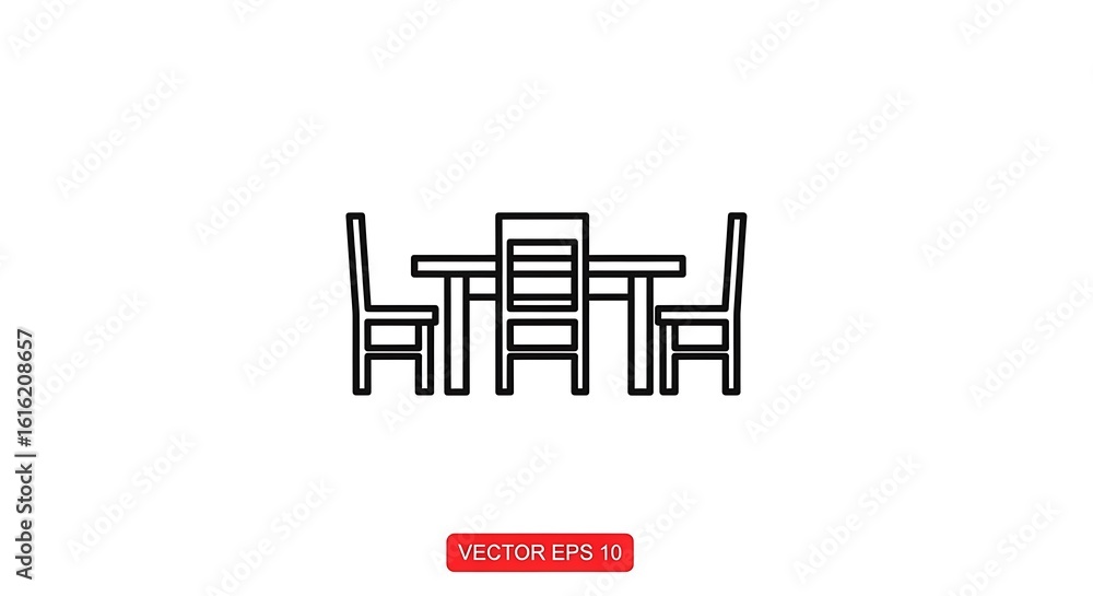 Poster a simple line drawing of a table with three chairs in a minimalist style on a white background ai ge