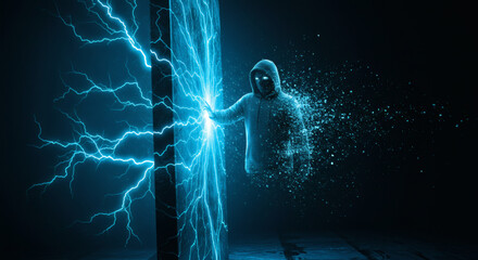 Futuristic cyber security concept with a hooded figure breaching a digital firewall of glowing blue electrical energy