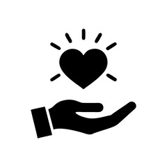 Black silhouette of a hand holding a glowing heart symbol isolated on white background isolated on transparent background