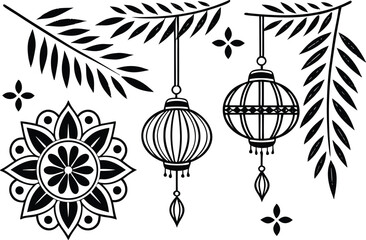Diwali Elements Black Silhouette Set for Festival Celebration and Cultural Holiday Artwork. Elegant Diwali Elements Black Silhouette Set Perfect for Traditional Seasonal Designs. Diwali Elements
