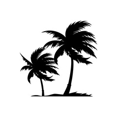 Silhouette of two palm trees with fronds blowing in the wind isolated on white background isolated on transparent background