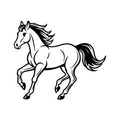 A majestic black and white drawing of a powerful horse galloping with its mane flowing isolated on...