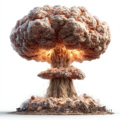 Mushroom cloud isolated on white background, cut out for disaster concept, explosion visual and hazard design use