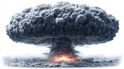 Mushroom cloud isolated on white background, cut out for disaster concept, explosion visual and hazard design use