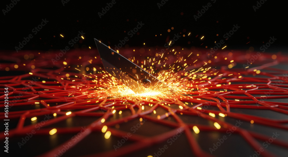 Poster disrupting the connection a sharp blade severs interconnected red wires, causing a shower of sparks 
