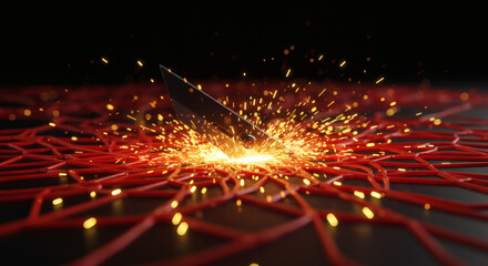 Disrupting the connection A sharp blade severs interconnected red wires, causing a shower of sparks symbolizing a security breach.