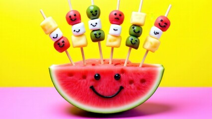 Party snack idea: bamboo skewers of watermelon balls, pineapple chunks, and mini marshmallows poking out of a watermelon "vase" with edible smiley faces, set on a bright primary colored background.