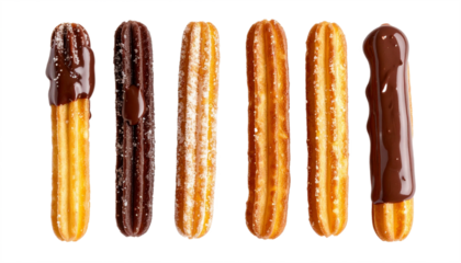 Delectable churros, glazed with chocolate, perfect for dessert menus or sweet treats.