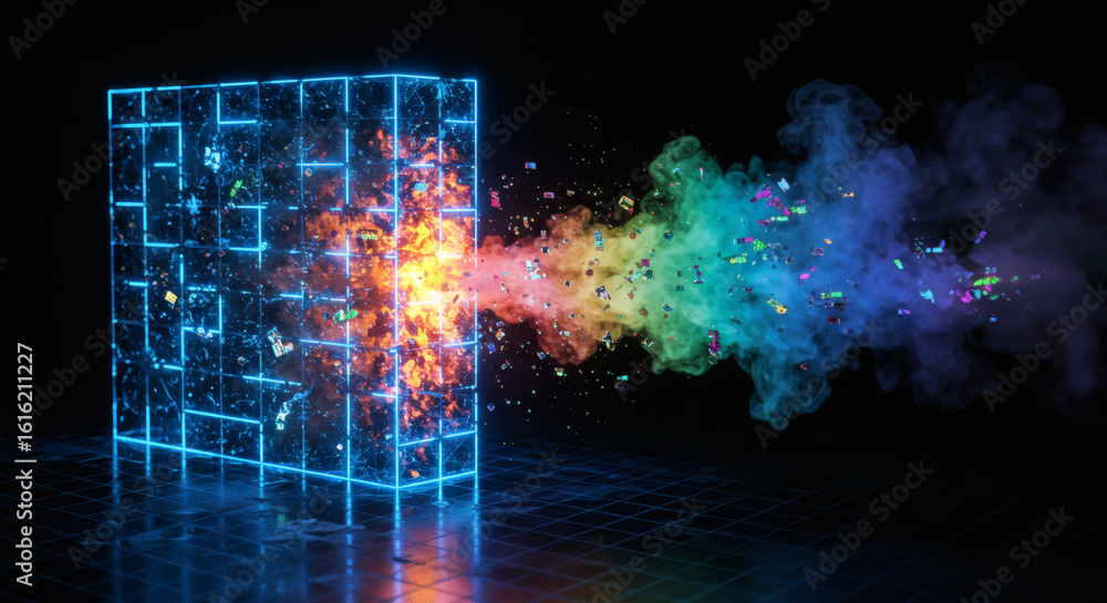 Poster abstract visualization of a digital cube firewall bursting with a vibrant explosion of creative colo