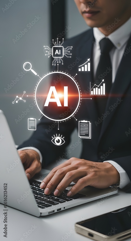 Aufkleber dynamic professional leverages ai insights on laptop for strategic business growth, visualizing data
