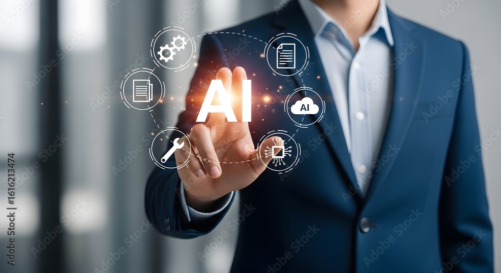 Poster professional businessman interacts with ai technology interface, exploring digital innovation and fu