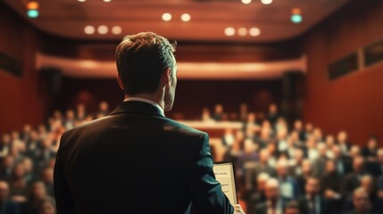 Speaker addressing a large audience in a conference hall.