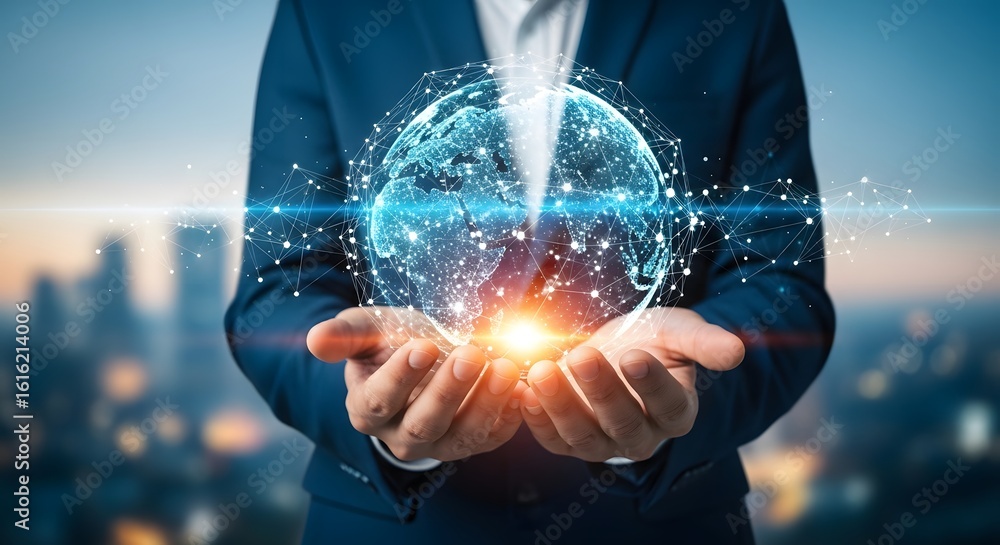 Poster businessman holding a glowing digital globe of connections and data in his hands, symbolizing global