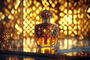 Ornate perfume bottle displayed on a reflective surface.