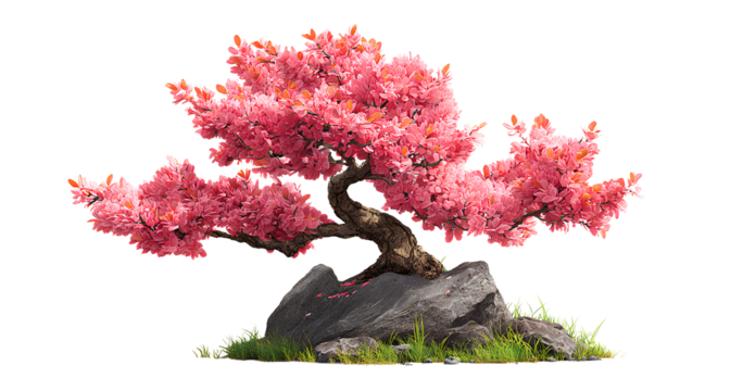 A pink cherry blossom bonsai tree on an isolated transparent background