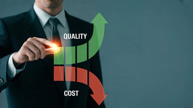 Businessman optimizing cost and quality with increasing and decreasing performance graphs with copy space.