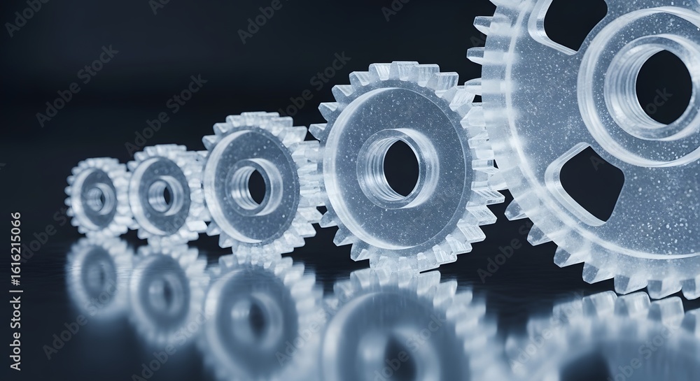 Poster interlocking transparent gears symbolize teamwork, progress, and mechanical precision in a modern, p