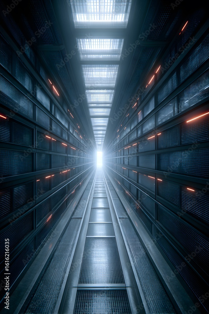 Poster futuristic corridor with illuminated pathway leading to bright exit, surrounded by metallic walls an