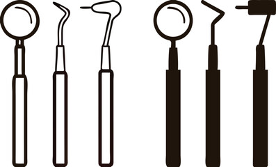 Dental Tools Icons. Black and White Vector Icons of Oral Examination Instruments. Dental care and treatment. Medicine and Dentistry Concept
