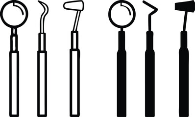 Dental Tools Icons. Black and White Vector Icons of Oral Examination Instruments. Dental care and treatment. Medicine and Dentistry Concept
