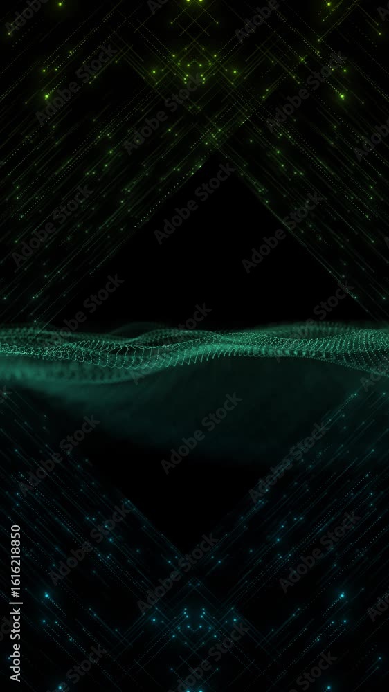 Poster wave motion of surfaces made of lines wave animation on black background. abstract concept of audio 