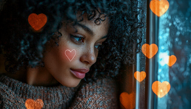 Contemplative young woman looking out a rainy window with warm bokeh heart lights, capturing introspection and gentle emotion - Powered by Adobe