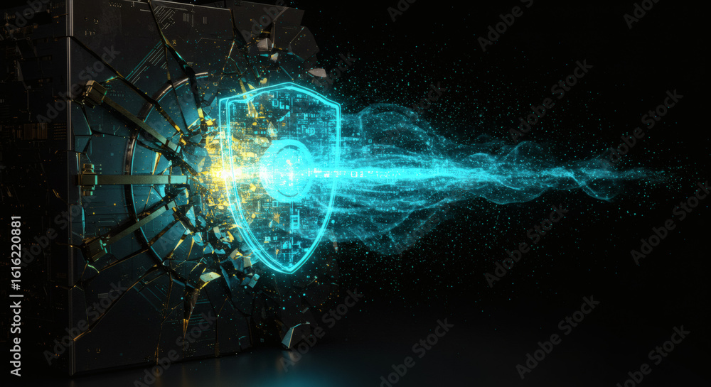 Poster powerful cybersecurity concept with a glowing blue shield exploding from a dark, fractured cube, rep