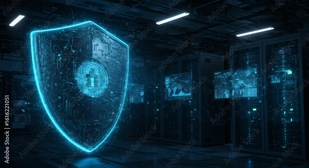 Poster advanced cybersecurity concept with a glowing digital shield protecting a server room data center.